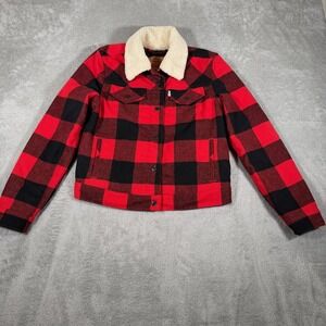 Levis Sherpa Trucker Jacket Womens Small Red Black Buffalo Plaid Wool Blend